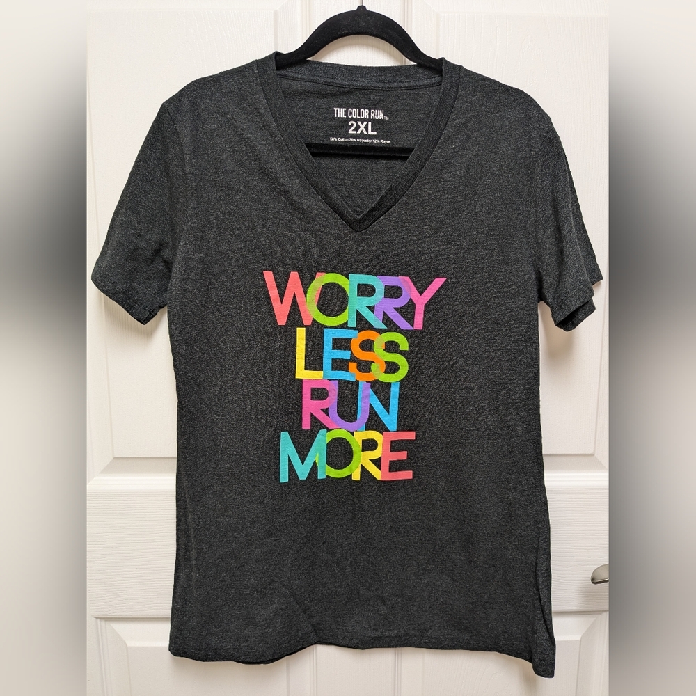 THE COLOR RUN "Worry Less Run More" V-Neck T-Shirt - Youth 2XL (Vintage/Y2K Era)
